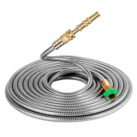 Stainless Steel Garden Hose with Premium Brass Nozzle - PlantologyUSA - As shown